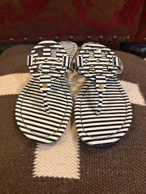 Tory Burch Navy & White Striped Miller Sandals with Logo Medallion